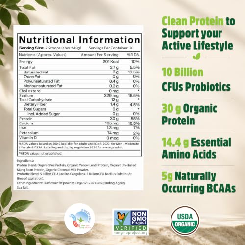Image of Organic Plant Protein Powder | 980g - Unflavoured | 30g Protein | Vegan | Pea, Mung Bean & Lentil Protein Blend | Clean, Easy to Digest | No Added Sugar, Gluten Free
