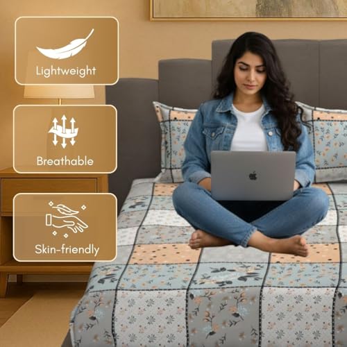 Image of Mafatlal Luxe Lilac 140 GSM Premium Microfiber Queen Size Bedsheet with 2 Pillow Cover for Double Bed, 90x100 Inch - Light Blue & Teal, Soft, Lightweight & Durable