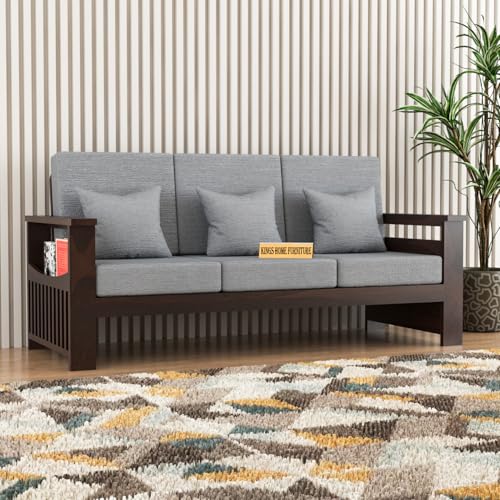 Image of Sheesham Wooden 3 Seater Sofa for Living Room | Rosewood 3 Seater Cushion Sofa Side Half Moon Rack | Solid Wood Sofa Set for Lounge (3 Seater,Walnut Finish)