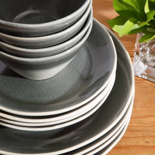 Image of Gibson Elite Plates and Bowls Set, 12 Piece Stoneware Dinnerware for 4 | River Delta Collection - Ceramic Dishes, Reactive Glaze Ombre Black, Microwave Safe Dishware, Chip Resistant, Family Dining