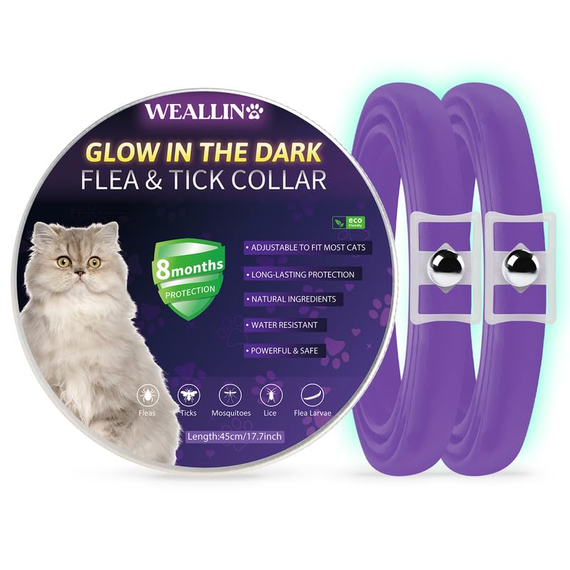 WEALLIN Luminoso Collar Antipulgas y Garrapatas para Gatos, Collar Antipulgas para Gatos con 8 Meses de Protección Efectiva, Collar Antipulgas Gatos Ajustable e Impermeable, Morado(2 Pack)
