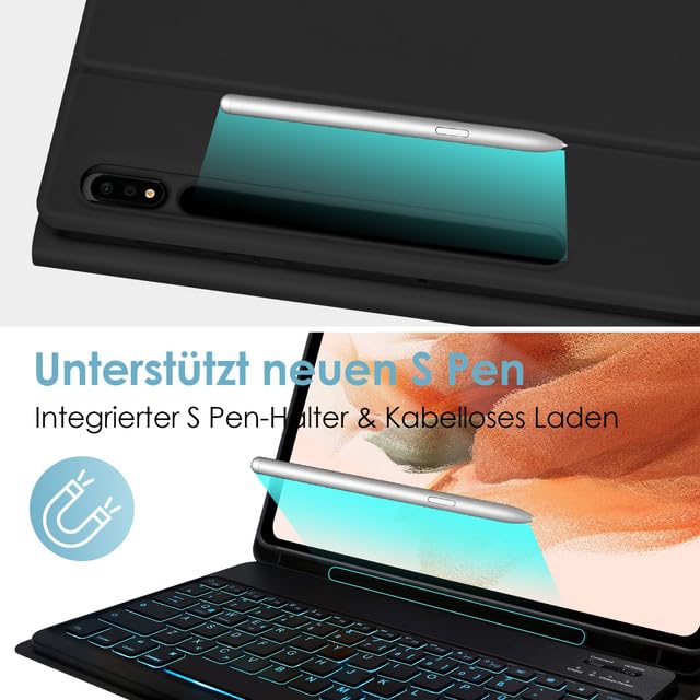 SOPPY Tastaturhülle mit Maus für 12,4'' Samsung Galaxy Tab S10+/S9 FE+/S9 Plus/S8+/S7+/S7 FE, Hülle mit Tastatur & Maus Kabellose Bluetooth Tastatur Schutzhülle -Deutsches QWERTZ, Schwarz Beleuchtet