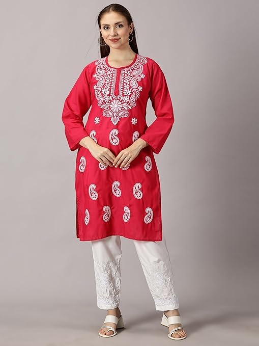 Image of FCH, Fashionable Chikan Handikraft Women's Cotton Lucknowi Chikankari Printed Straight Kurta for Regular Wear Girls Flared Kurta