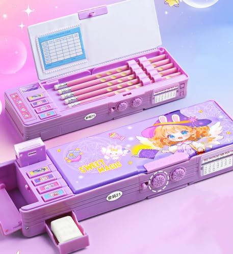 Pop up Multifunction Pencil case for Kids kawaii Pencil Case Pencil Holder for School Students supplies for girls Cute Pencil box for Girls with Sharpener Password Lock Schedule Whiteboard (purple)