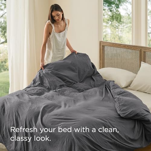 Image of Bedsure Prewashed Dark Grey Duvet Cover King Only, Cotton-Like Feel | 1 Duvet Cover Only, No Pillow Shams, Ultra Soft, Relaxed Texture, Zipper Closure, 8 Corner Ties, Year-Round, Easy Care