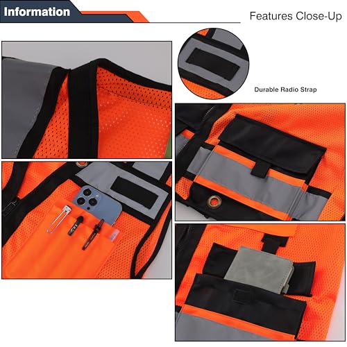 Image of Gasoline Class 2 High Visibility Reflective Safety Vests Women & Men | With 15 Pockets And Zipper Front,Meets Ansi /Isea Standards