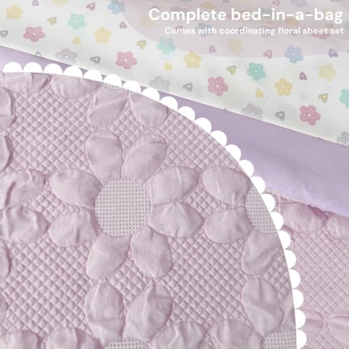 Image of Twin XL Comforter Set for Girls - 5 Pieces Purple Dasiy Bed in a Bag
