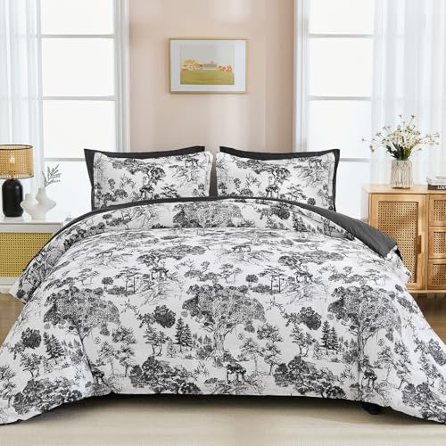 Image of DJY Black Comforter Set Queen, 7 Pieces Black and White Botanical Comforters Queen Size Elegant Plants Print with Sheets Bed in a Bag Soft Microfiber Reversible Complete Bedding Sets for All Season