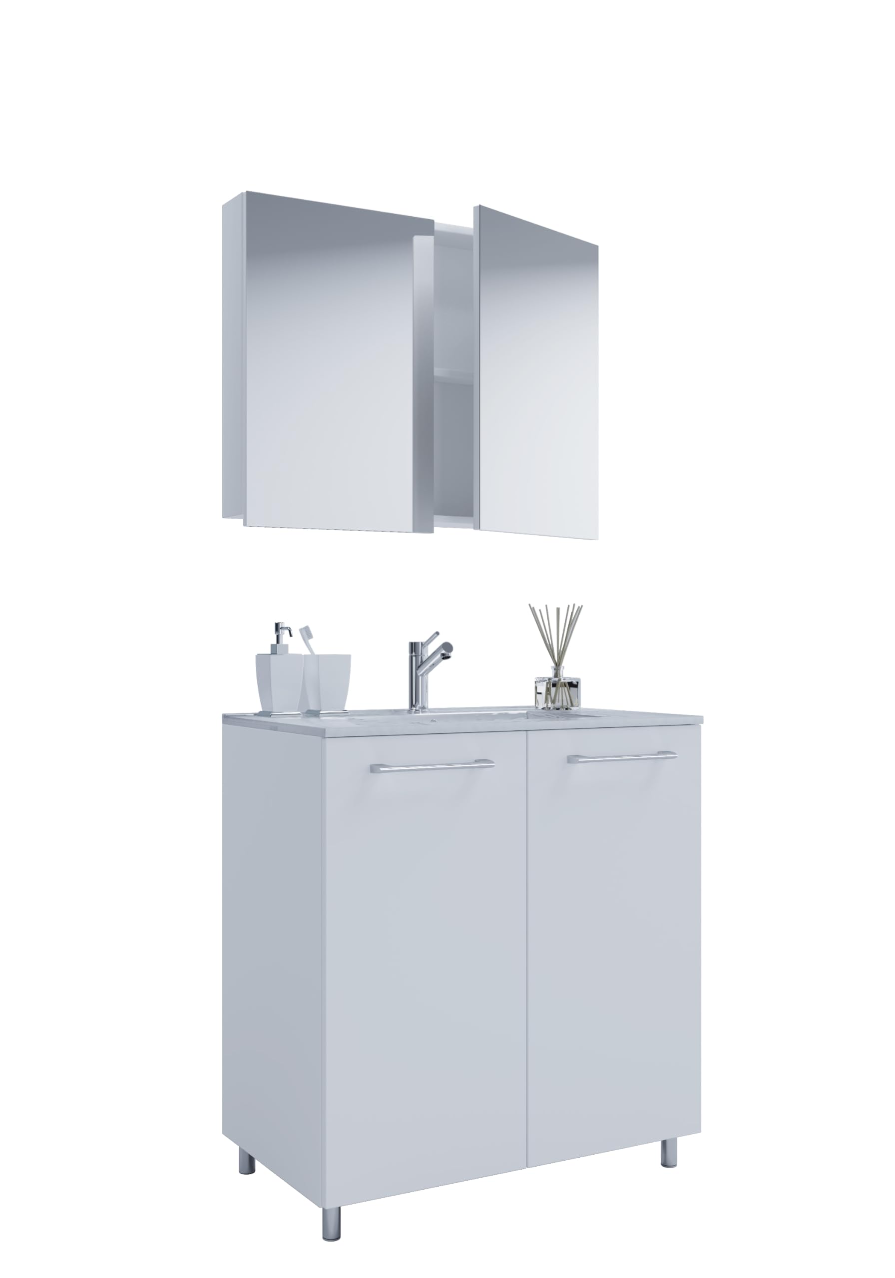 VCM 3-TLG. Ensemble de lavabo sur pied en céramique Sentas avec 2 portes pivotantes (60 cm)