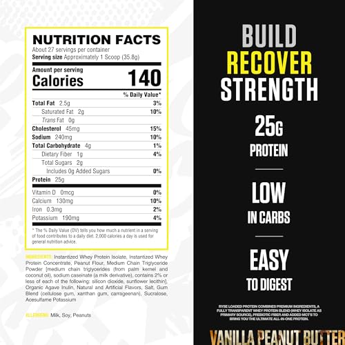 Image of RYSE Loaded Protein Powder - Vanilla Peanut Butter - 25g Whey Protein Isolate & Concentrate with Prebiotic Fiber & MCTs - Low Carb, Low Sugar, Digestive-Friendly - 27 Servings / 2 lb Tub