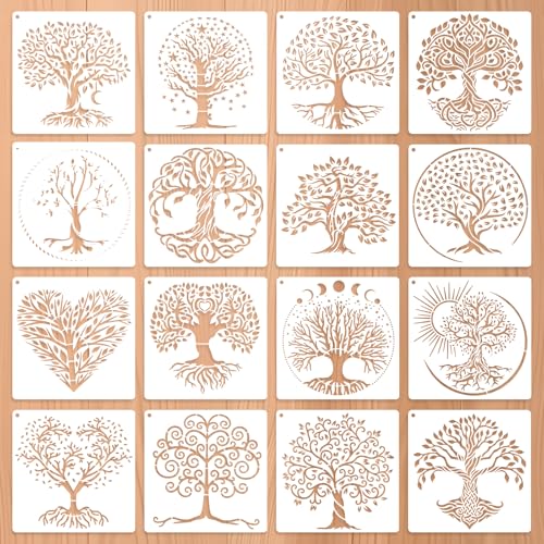 16 PCS Tree of Life Stencil, 6 in Reusable Tree Drawing Templates...