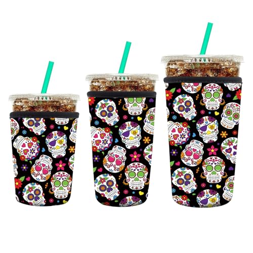 Image of 3 Pack Reusable Neoprene Insulator Sleeve for Iced Coffee Cups, Funny Coffee Cup Sleeves for 16-32oz Coffee cups, Cute Drink Sleeve for Cold Hot Beverages Cute Floral Skull