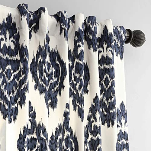 Image of HPD Half Price Drapes Ikat Printed Curtains Luxury Damask Cotton Curtains 96 Inches Long (1 Panel) Room Darkening Window Curtains for Bedroom & Living Room, 50W x 96L, Ikat Blue Damask