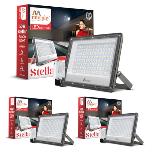 Image of Murphy Stellar 50W LED Flood Light with Day-Night Sensor & Driver, Cool White 6500K, IP66 Waterproof, Outdoor Security & Landscape Lighting, BIS Approved, 2-Year Warranty - Pack of 3