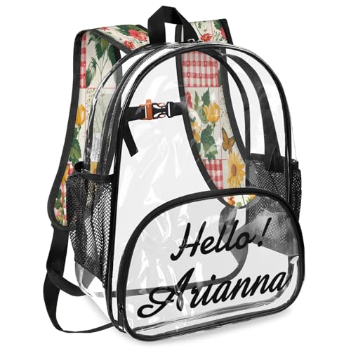 Floral Hibiscus Vine Hawaii Flowers Personalized Small Clear Backpack Heavy Duty for Stadium Approved Custom Colorful Flower PVC Transparent Backpack with Name See Through Bag for Concerts2