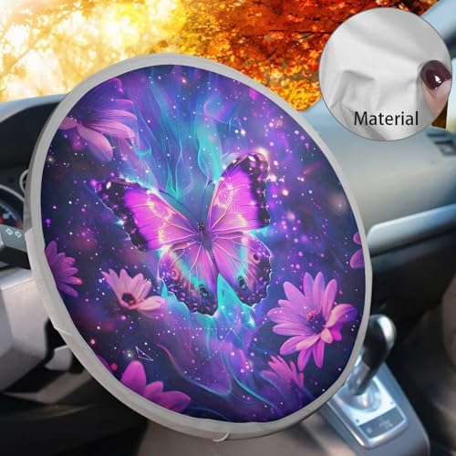 Image of Purple Butterfly Car Steering Wheel Cover Sun Shade Car Interior Sunshade Foldable Steering Wheel Shield Car Interior Accessories for Sun Heat Universal for Cars Truck SUV Van