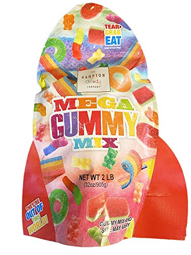 The Hampton Candy Company Mega Gummy Mix Candy 2 Lb! Assorted Flavors Gummy Candies! Includes Gummy Worms, Sour Belts, Gummy Bears and Gummy Rings! Sweet, Fun And Chewy Candy Treat For Kids! (Large)