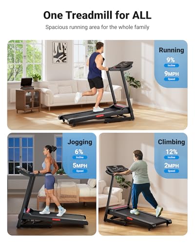 Image of THERUN Treadmill 0%-15% Incline, Runing Treadmills for Home, 3.0HP Treadmill with Incline, 0.5-9.0 MPH Foldable Treadmill with Pulse Sensors, LED Display