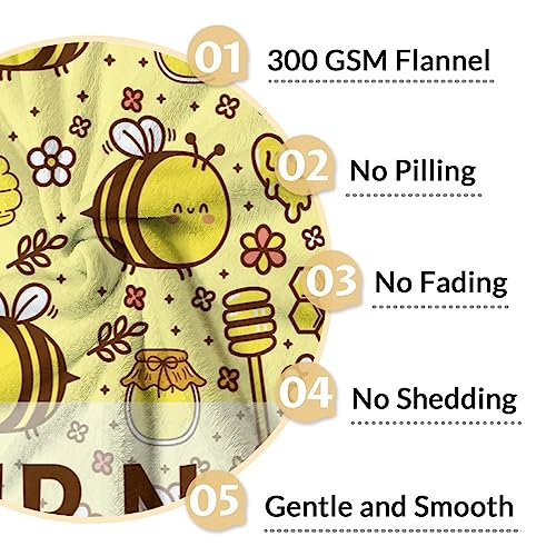 Personalized Bee Blanket Gifts, 60"x80" Cute Throw for Women Girls, Soft Cozy Warm Flannel Blanket for Sofa Bed