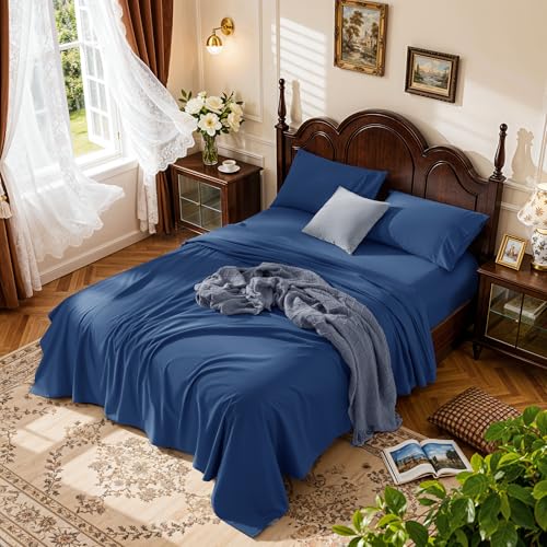 Image of LBRO2M 1000 Thread Count 100% Cotton Sheets Set,King Size Bed Sheet 4 Piece Sets,Long Staple,16 Inches Deep Pocket,All Season,Bedding Super Soft Comforterble Breathable,Sateen (Navy Blue)