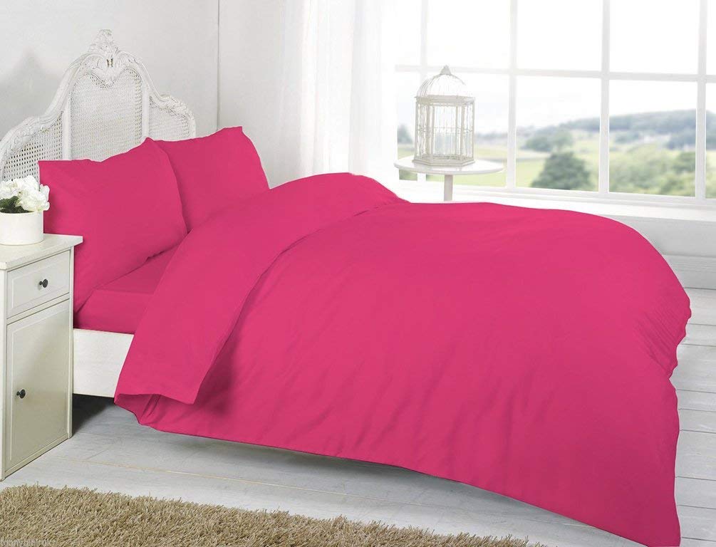 R&Z Plain Dyed Percale Polycotton Duvet Cover & 2 Pillow Cases Bed Set (Fuscia, Kind)