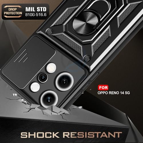 Image of AESTMO Tough Armor Oppo Reno 14 5G Bumper Back Case Cover | Ring Holder & Sliding Camera Shield Cover | 360 Degree Protection Back Case Cover for Oppo Reno 14 5G (Black)