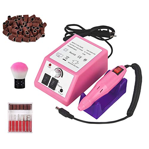 Professional Electric Nail Drill 20,000 RPM Nail Drill Machine for Shaping, Buffing, Removing Acrylic Nails with 100 Pcs of Sanding Bands and 6 Replaceable Drill Bits for Home Salon Use Pink