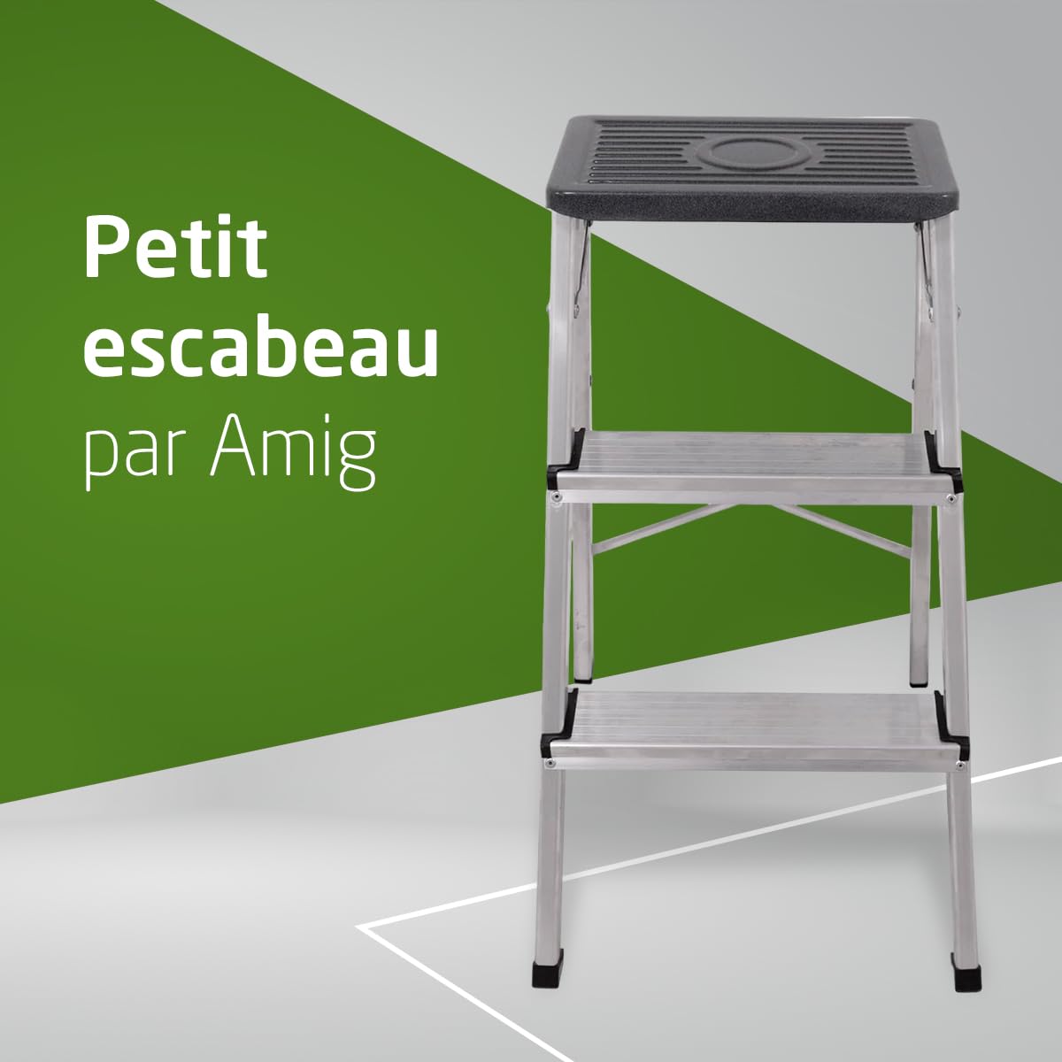 Amig - Escabeau Pliable à 3 Marches | Aluminium Léger et Résistant | Marches Antidérapantes pour Sécurité | Facile à Transporter et à Ranger | Idéal pour Accès à Petites Hauteurs, Aluminium, 3 Marches