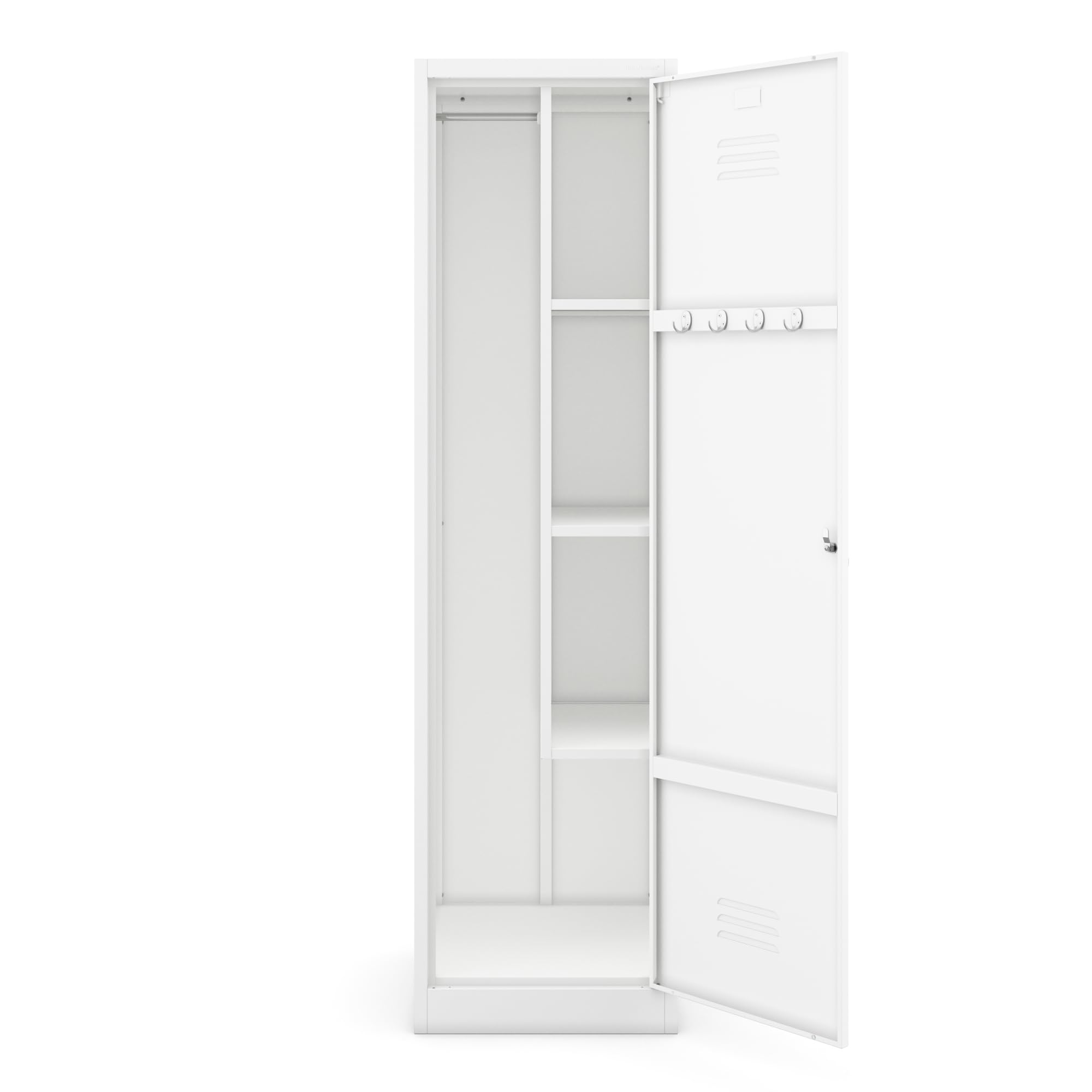 Jan Nowak Besenschrank Haushaltsschrank Metall - Agnes | 50 x 185 x 50 cm | Mehrzweckschrank Weiß mit Regale und Kleiderstange | Schloss, Belüftung | Putzschrank Schmal 50 cm Breit | Weiß