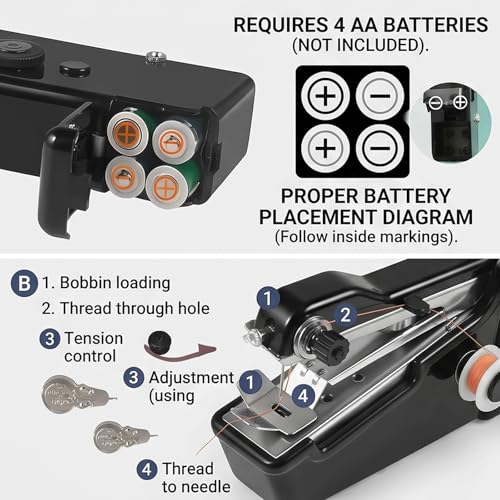 Image of Handheld Sewing Machine, Portable Hand Held Sewing Machine for Adults & Beginners, Cordless Mini Electric Hemming Tool for Denim, Fabric & Quick Home & Travel Repairs (Black)