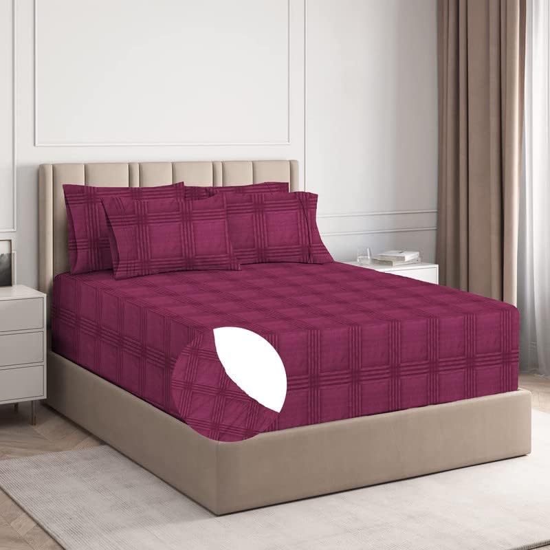 Image of BSB HOME Premium Cotton Elastic Fitted Embossed Linen Bedsheets with 2 King Size Pillow Covers | Double Bed with All Around Elastic 210 TC Supersoft | Size - King Size 78X72+10 Inches, Maroon
