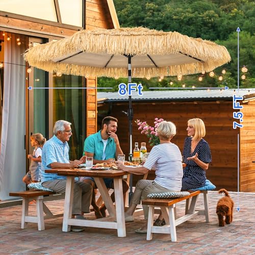 Image of 8FT Tiki Umbrella, Umbrella Outdoor Patio UV-Stability, Hawaiian Style Outdoor Umbrellas for Patio 8 large Ribs, Thatched umbrellas with Push Button Tilt and Crank Lift for Tiki Bar, Pool, Beach, Natural