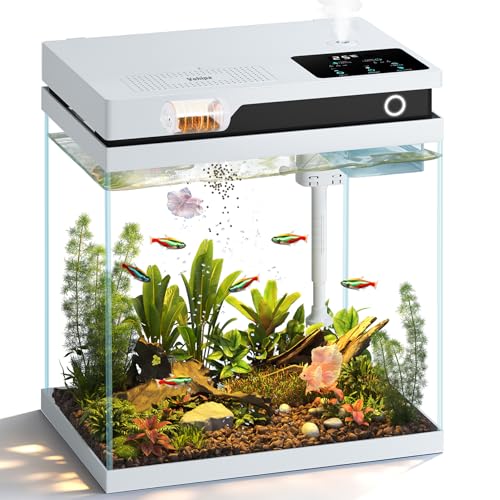 Vehipa Acquario per Pesci Rossi da 16L, Completo Acquario con Alimentatore Automatico, Pompa Silenziosa 4 in 1, Illuminazione Regolabile, Display della Temperatura e Umidificatore