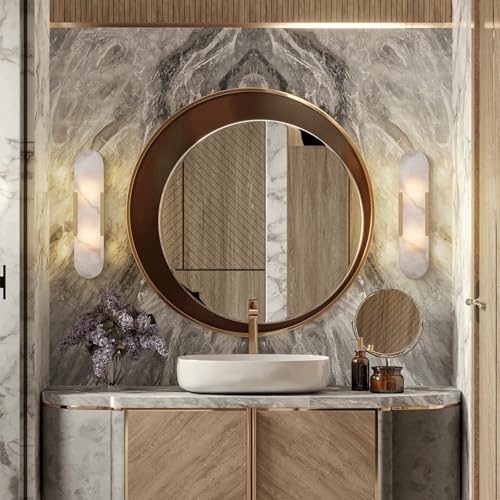 Image of Alabaster Wall Sconces Set of 2,19.7'' Brass Wall Sconce Natural Marble Wall Sconce for Bathroom, Indoor Modern Wall Light Fixtures for Living Room Hallway Stairs Vanity Bedside, Gold