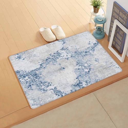 Blue Marble Antifatigue Kitchen Bath Door Mat Cushioned Runner Rug,Washable Welcome Floor Sink Mat,Waterproof & Non-Slip Standing Doormat for Kitchen,Abstract Grey Gray Modern Minimalist Decor 18