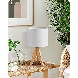 Lamparas Mesita De Noche Hiperdeluz EDISHINE Lámpara de Noche de Madera, Lámpara de Mesa con Trípode Casquillo E27, Pantalla de Lino Blanco Vintage para Dormitorio, Sala de Estar, Regalo