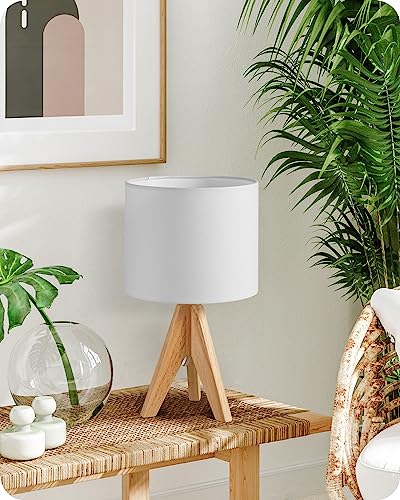 EDISHINE 36cm Wooden Table Lamp, Tripod Bedside Lamp with Linen Lampshade, On-Off Switch, Desk Lamps for Reading, Lamp for Bedroom, Living Room, Study, Office, E27 Base