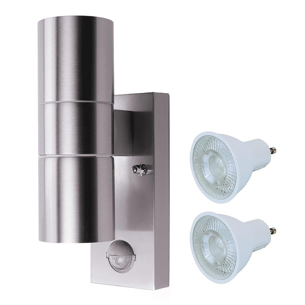 HiSPEC Coral LED Outdoor Up Down Wall Light with PIR Sensor - Stainless Steel | for Home, Driveway, Garden | Wall Mounted Security Light with Movement Sensor & IP44 Rating | 2 x GU10 Bulbs Included