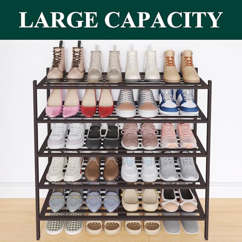 Image of Smiry Bamboo Shoe Rack, 5 Horizontal Slats, 5 Tier - 33.9 inch Wide, Brown