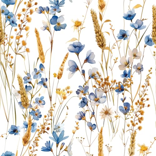 FunStick Papel Pintado Autoadhesivo Baño Papel Pintado Flores Silvestres Botanico Blanco Azul y Dorado Vinilo Adhesivo Pared Salon Otoño Trigo y Flores Revestimiento Blanco Pared Dormitorio 44.5CMx3M