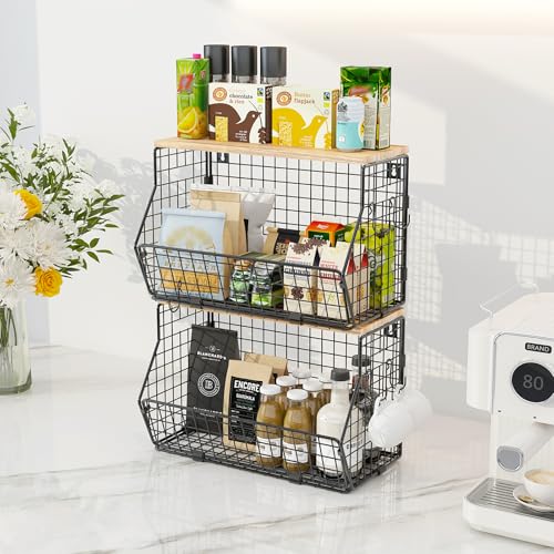 WELDUN 2er Obstkorb aus Metall, hängende Obstschale mit Bananenaufhänger, Stapelbar Küchenorganizer, Obstständer Obstregal, Wand Aufbewahrungskörbe für Gemüse, Obst, Brot