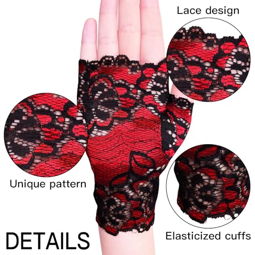 2 Pairs Women Short Lace Gloves 80s Opera Evening Wedding Sunblock Fingerless Bridal Floral Gloves for Halloween2