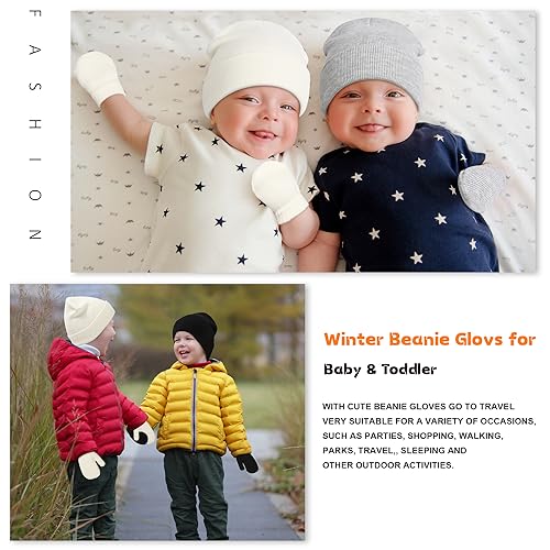 Image of Baby Beanie Hat Gloves Set, Kids Winter Warm Knit Hat with glvoes,Toddler Soft Beanie for Little Boys Little Girls Children