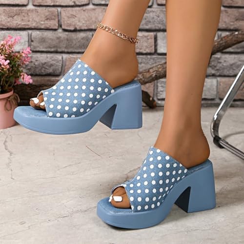 HSGKSINEG Women's Square Toe Chunky Heel Denim polka dots Mule Sandals Fashion Comfort Slip On Open Toe Platform Block Heel Boho Slides For Party Wedding Causal Work Vacation (Blue,8.5) by HSGKSINEG - Used condition - Image 3
