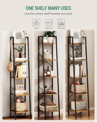 Hzuaneri-Ladder-Shelf-Bookshelf-Freestanding-Corner-Storage-Shelf-Bookcase-with-2-Hooks-for-Office-Living-Room-Kitchen-Bedroom-Industrial-118D-x-134W-x-63H-Rustic-Brown-BC03201B