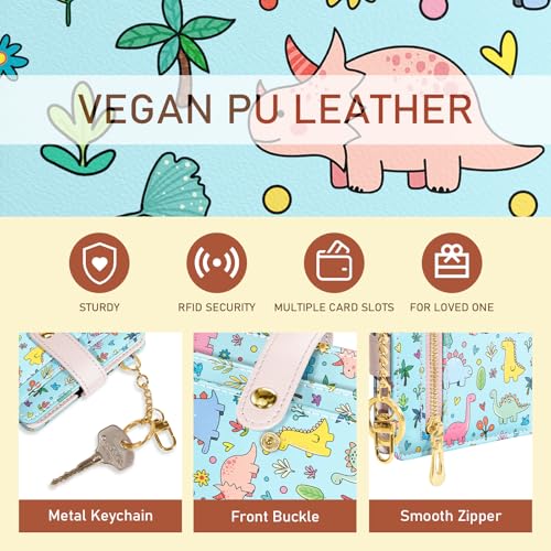 Image of Jogjam Cute Dinosaur Rfid Girls Girly Teen Wallet, Small Slim Thin Compact Travel Credit Card Women Wallet, PU Leather Bifold Cash Zipper Coin Pocket ID Window for Female Ladies Gifts