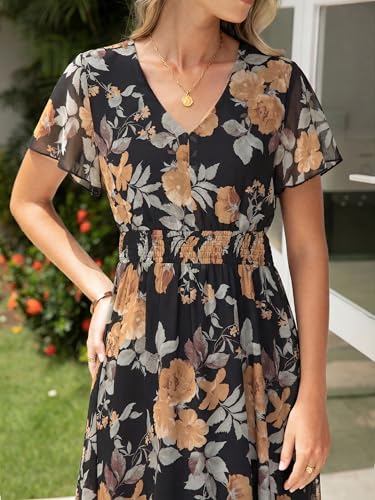 Image of Simplee Womens Floral Maxi Dress - Short Sleeve Summer Boho Wedding Guest Dress Empire Waist Chiffon Modest Midi Dresses