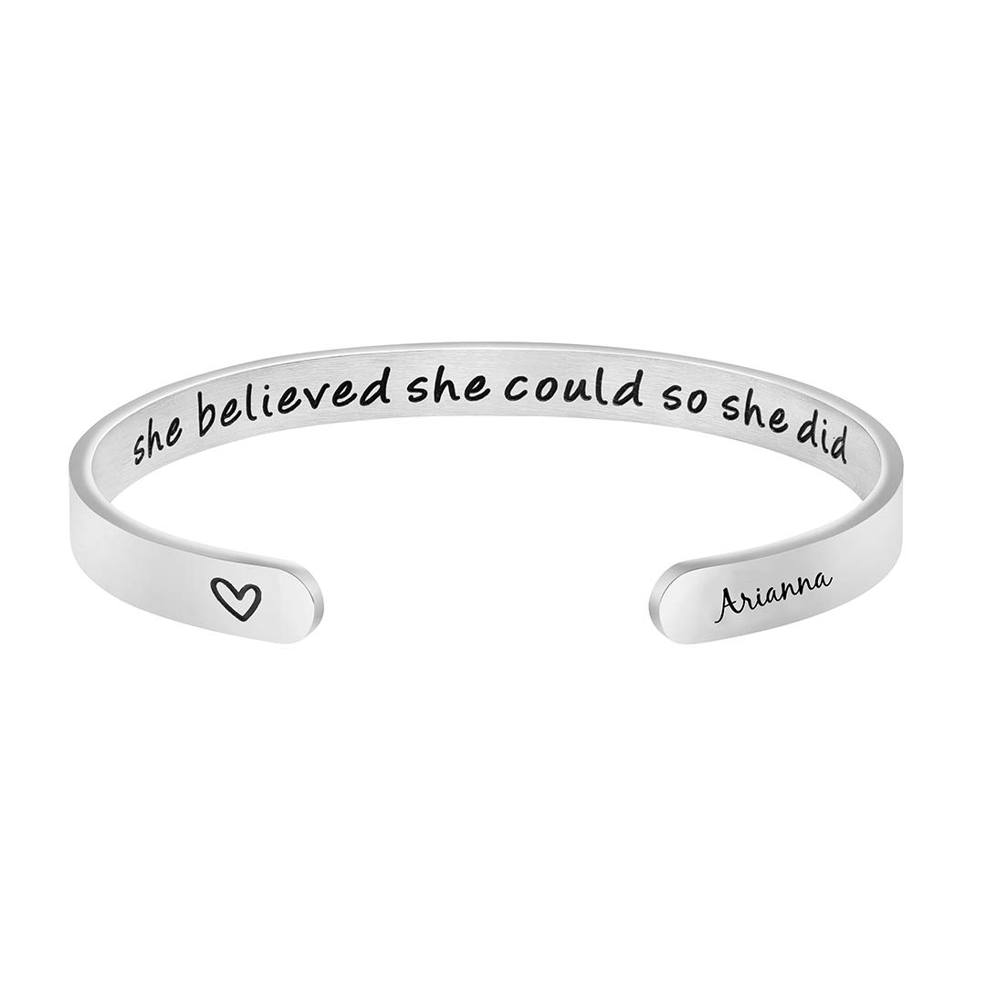 Memgift Inspirational Bracelets for Women Personalized Name Birthday Christmas Gifts for Her Engraved Cuff Bangle
