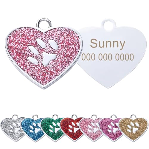 Cuperay Heart Shape Cats Dogs ID Tag，Personalized Customized Pet ID Tags for Dogs & Cats,Stainless Steel Custom Laser Engraved, Cute Bling Glitter Pet Name Tags with Durable Engraving(Pink)
