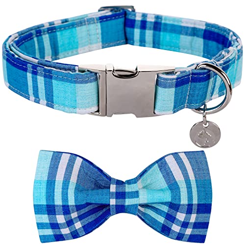Image of DOGWONG Plaid Dog Collar with Bow tie-Summer Cotton Dog Collar Blue Plaid Pet Collars Comfortable Cute Collars for Small Medium Large Dogs